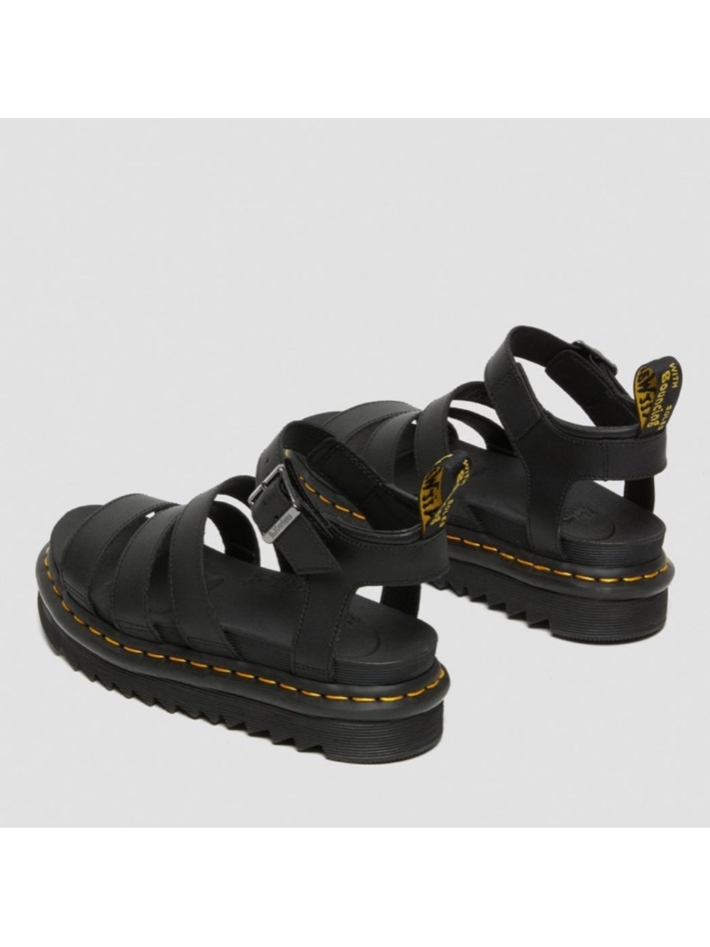Dr. Martens Black Strappy Platform Sandals with Yellow Stitching